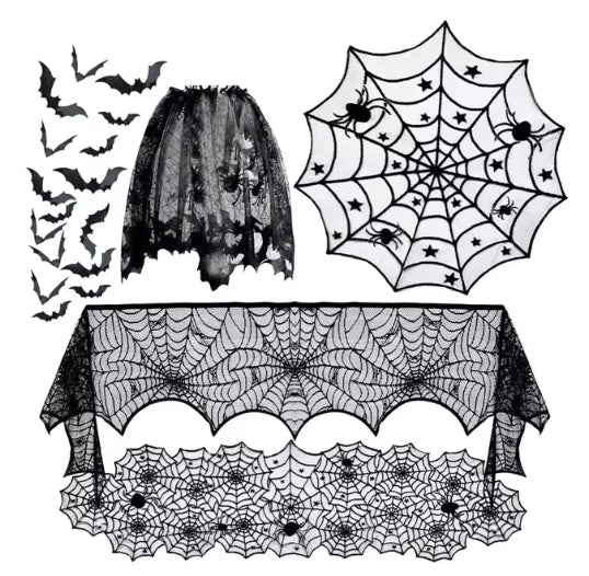 Lace Spider Web Table Runner, Mantle Scarf, and Lampshade Set