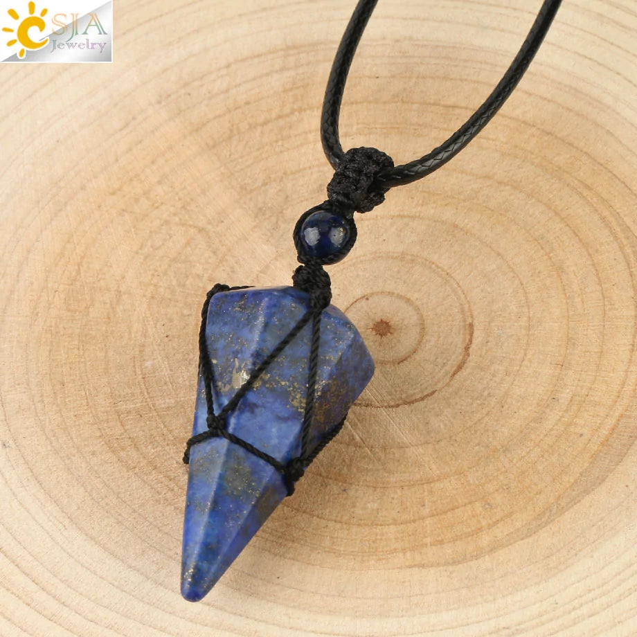 CSJA Natural Stone Cone Pendant Necklace: Crystal Quartz & Black Rope