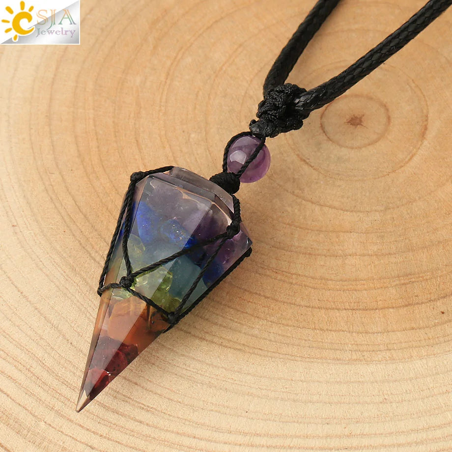 CSJA Natural Stone Cone Pendant Necklace: Crystal Quartz & Black Rope