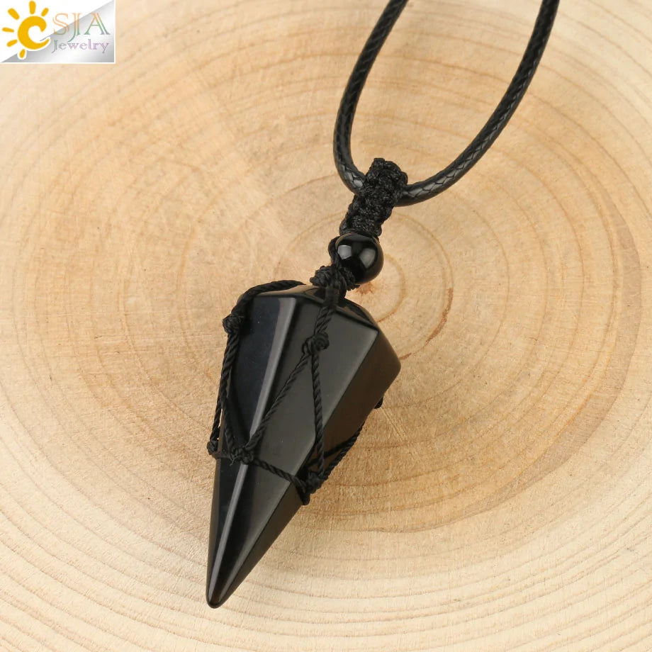 CSJA Natural Stone Cone Pendant Necklace: Crystal Quartz & Black Rope