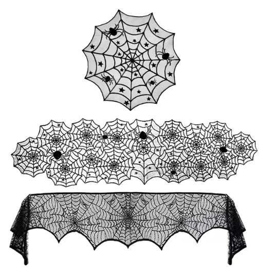 Lace Spider Web Table Runner, Mantle Scarf, and Lampshade Set