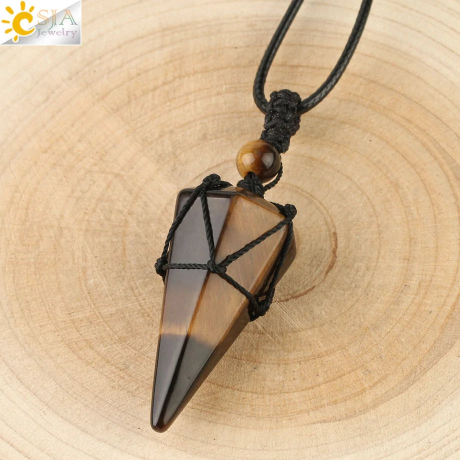 CSJA Natural Stone Cone Pendant Necklace: Crystal Quartz & Black Rope