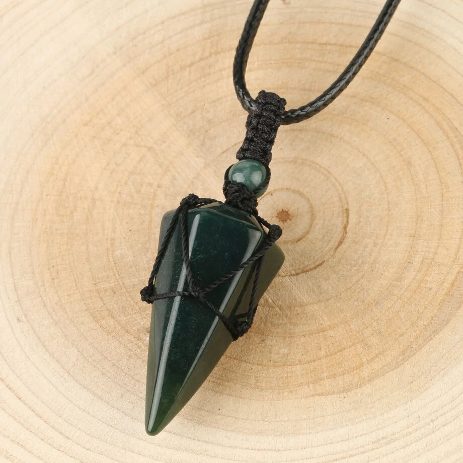 CSJA Natural Stone Cone Pendant Necklace: Crystal Quartz & Black Rope