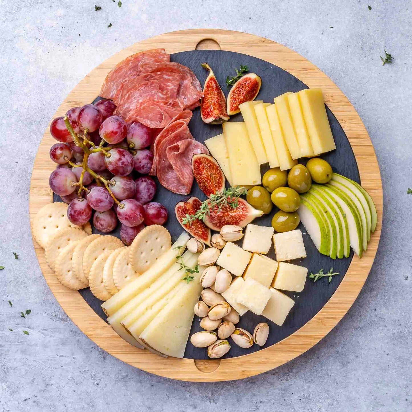 Round Bamboo Cheese Board with Knife Set and Removable Slate - 12 inch Swiveling Charcuterie Board