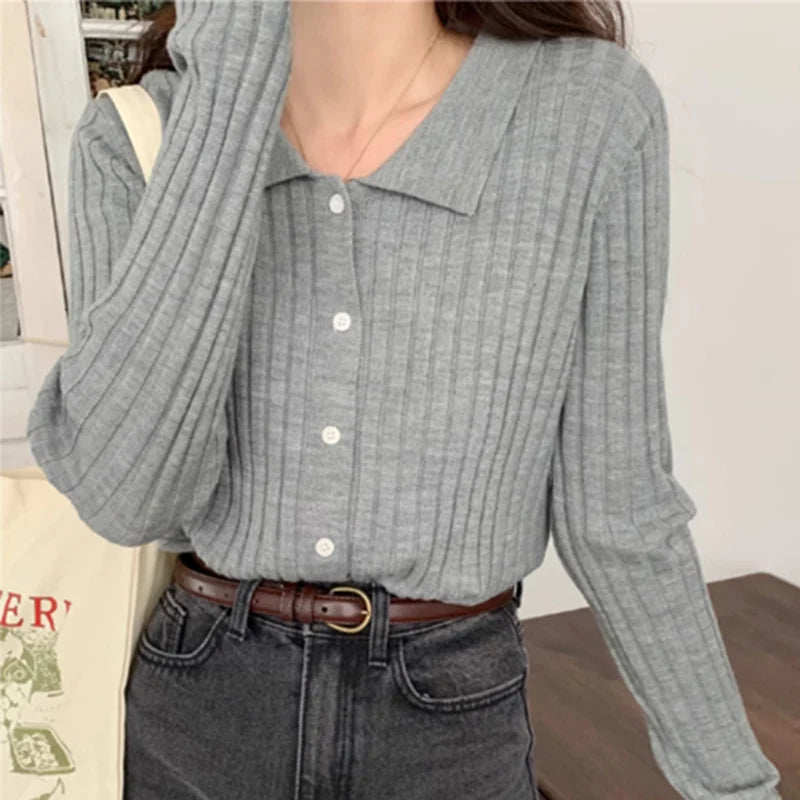 Autumn Winter Women Sweaters Polo Collar Solid Knitted Tops Lady Orange Khaki Cardigan Pullover Korean Style Sweaters Clothes