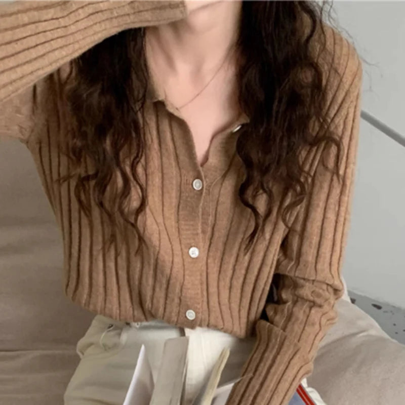 Autumn Winter Women Sweaters Polo Collar Solid Knitted Tops Lady Orange Khaki Cardigan Pullover Korean Style Sweaters Clothes