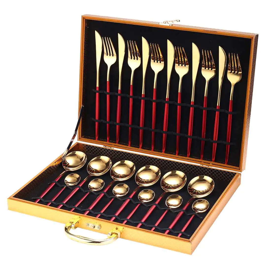 24pcs Gold Dinnerware Set Stainless Steel Tableware Set Knife Fork Spoon Luxury Cutlery Set Gift Box Flatware Dishwasher Safe