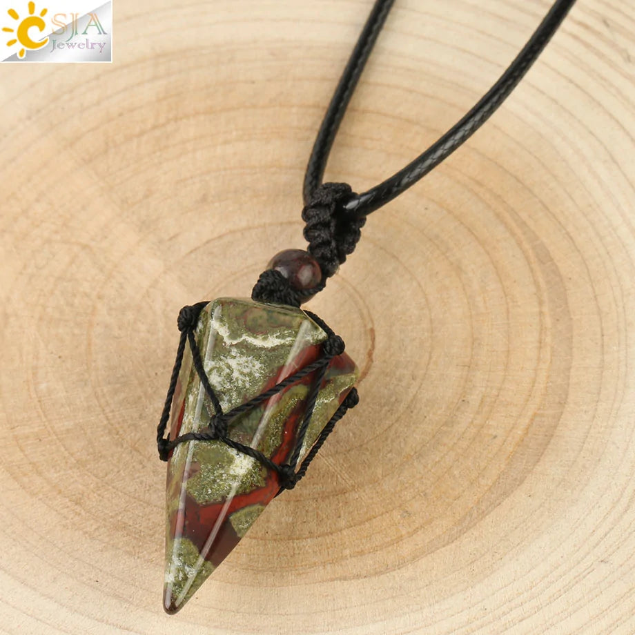 CSJA Natural Stone Cone Pendant Necklace: Crystal Quartz & Black Rope