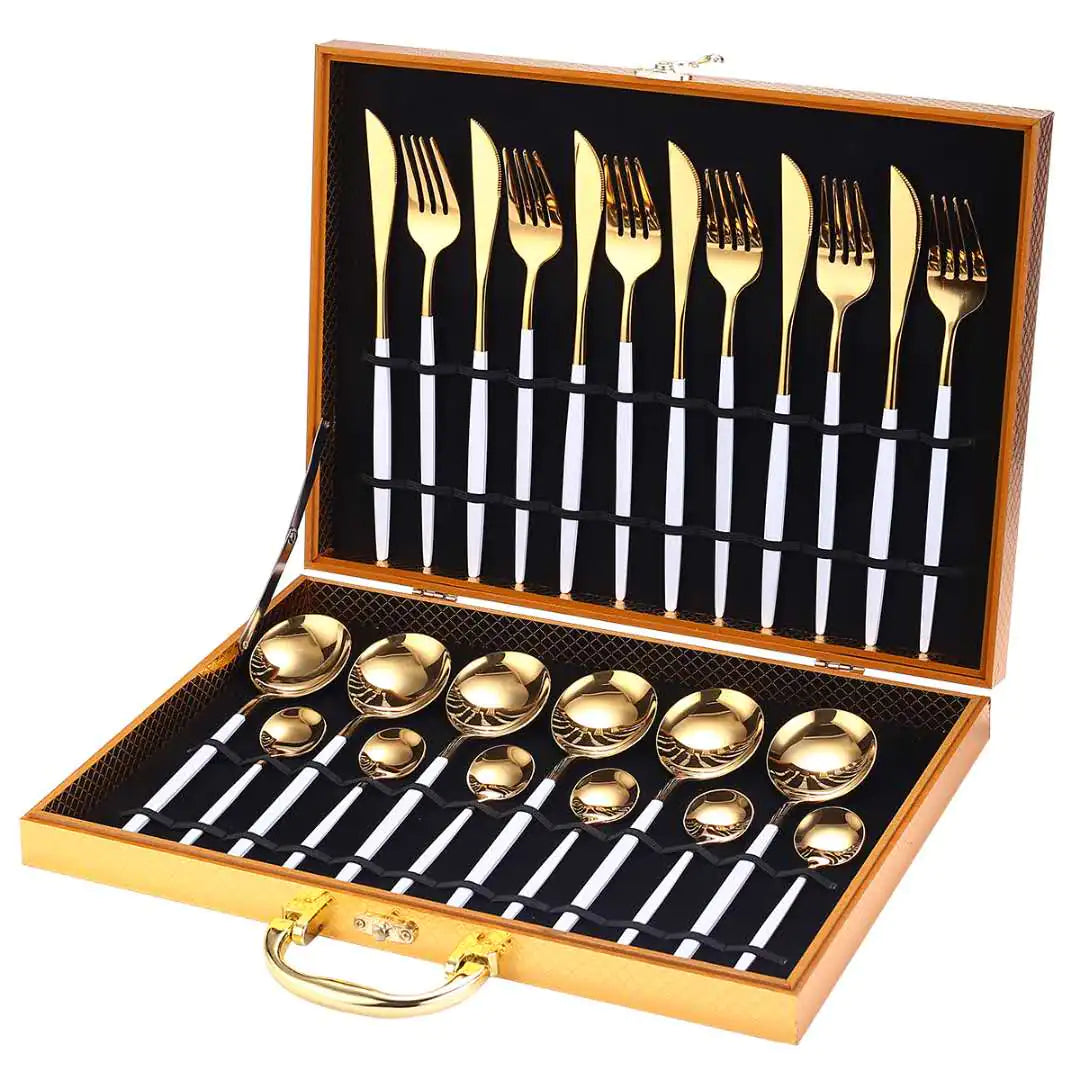 24pcs Gold Dinnerware Set Stainless Steel Tableware Set Knife Fork Spoon Luxury Cutlery Set Gift Box Flatware Dishwasher Safe