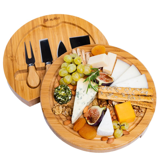 Bamboo Cheese Board and Knife Set - 10 Inch Swiveling Charcuterie Board with Slide-Out Drawer