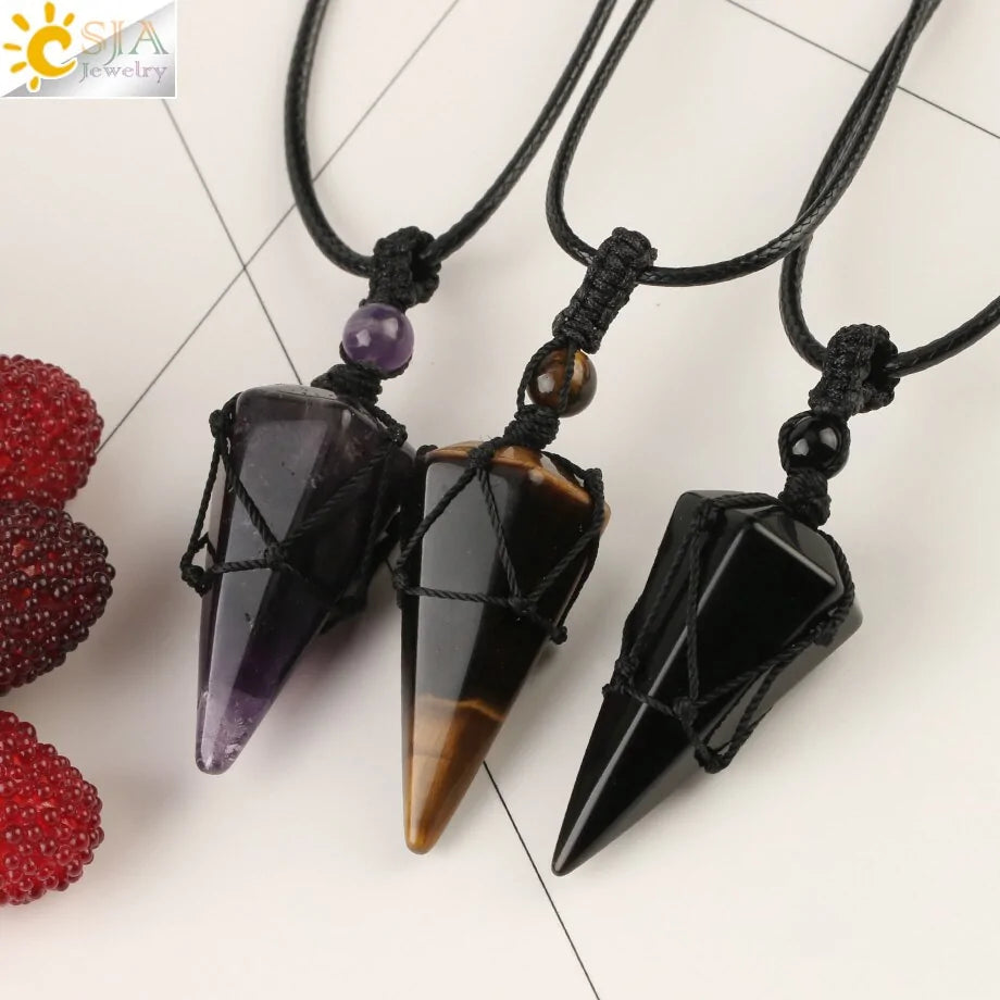 CSJA Natural Stone Cone Pendant Necklace: Crystal Quartz & Black Rope