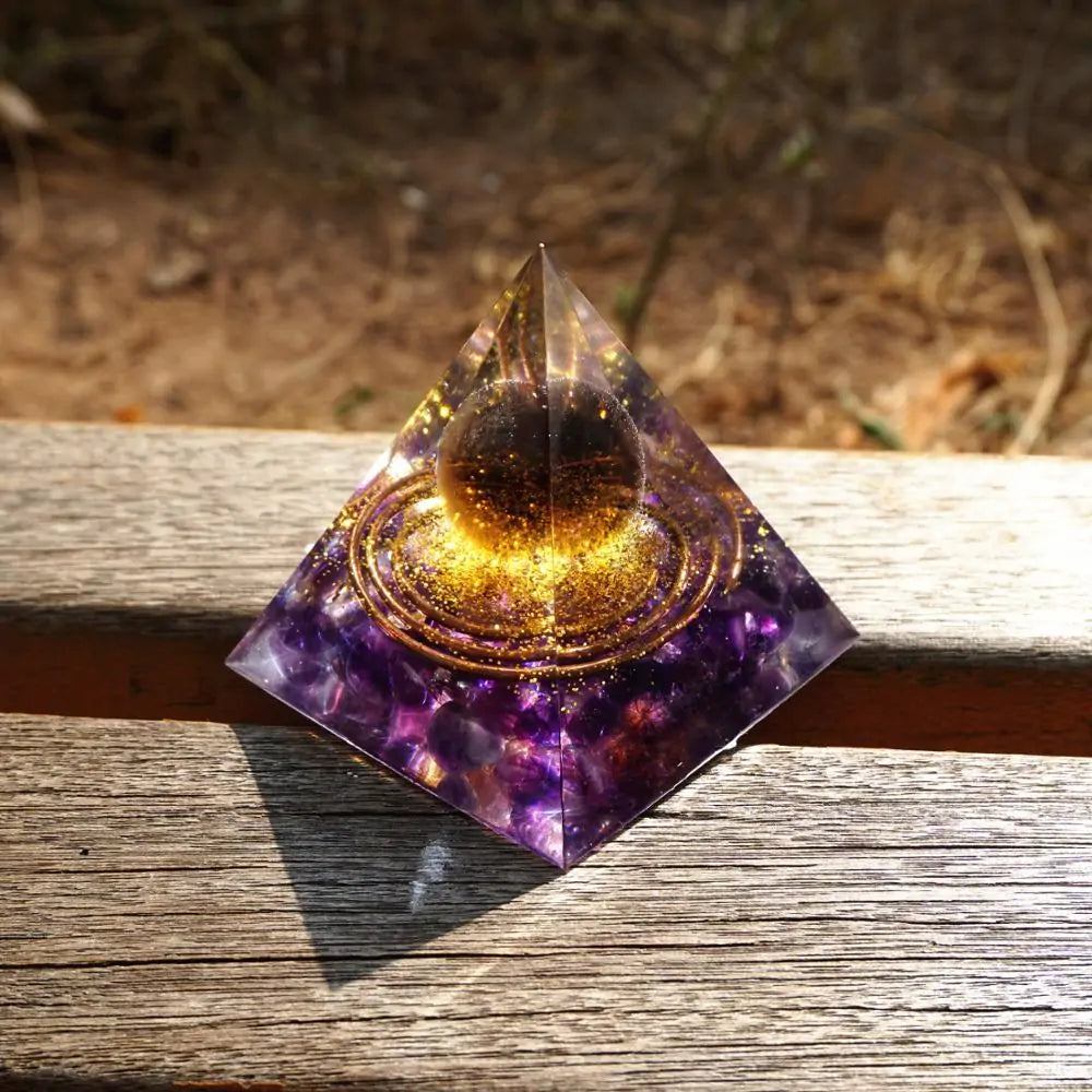 Handmade 60mm Orgonite Pyramid: Smoky Crystal Sphere & Amethyst