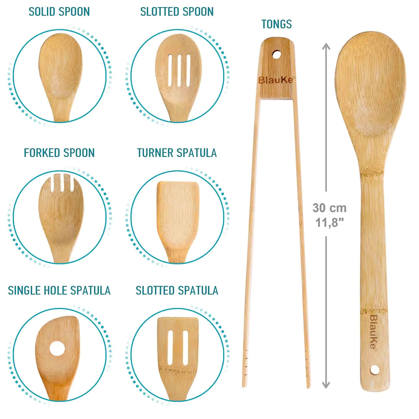 Wooden Spoons for Cooking 7-Pack - Bamboo Kitchen Utensils Set for Nonstick Cookware