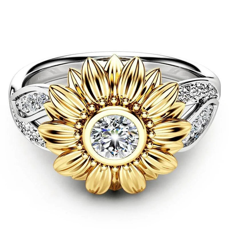 Silver Crystal Sunflower Ring